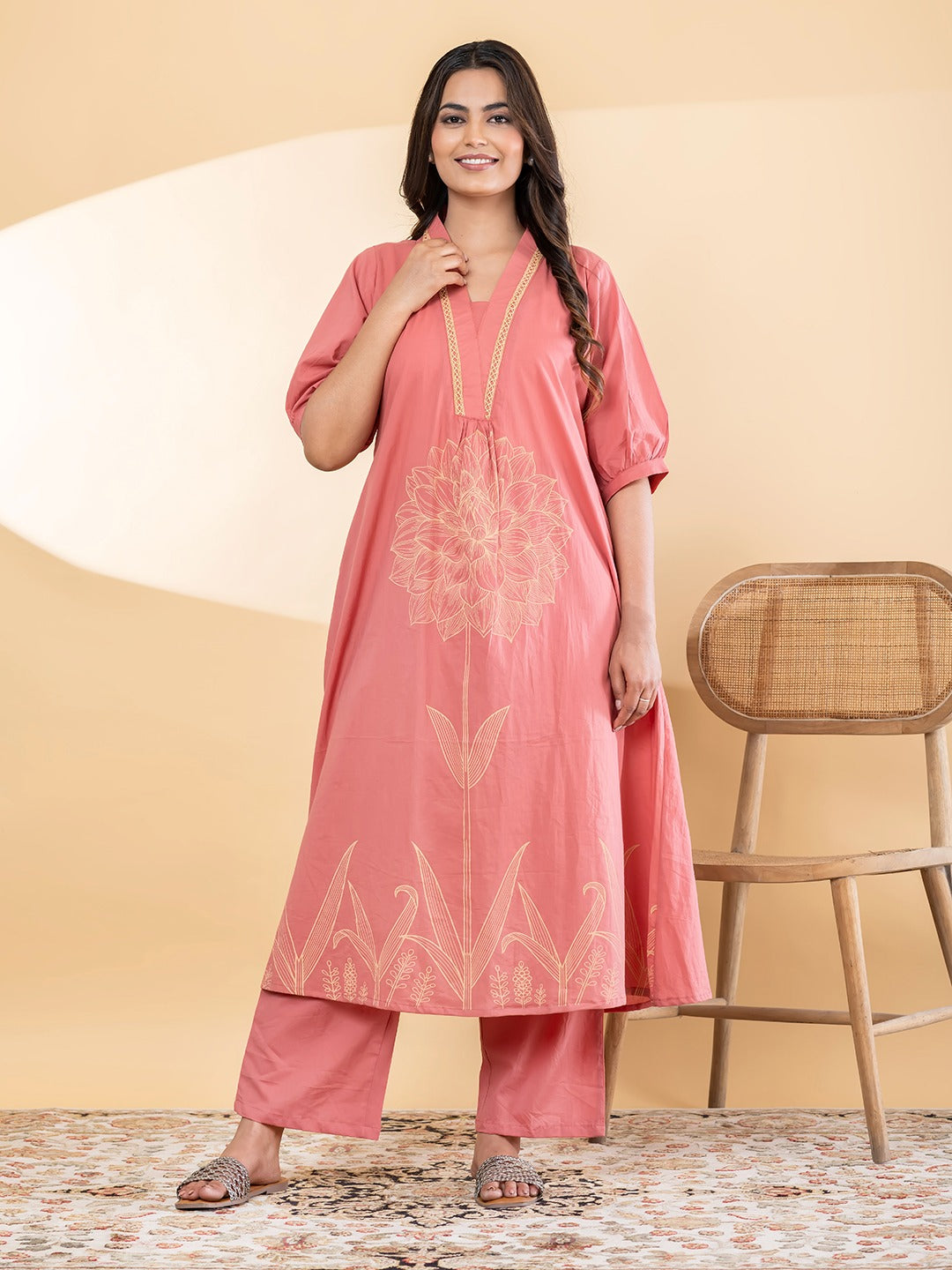 Women’s Peach Floral Printed A-Line Kurta Set with Pants