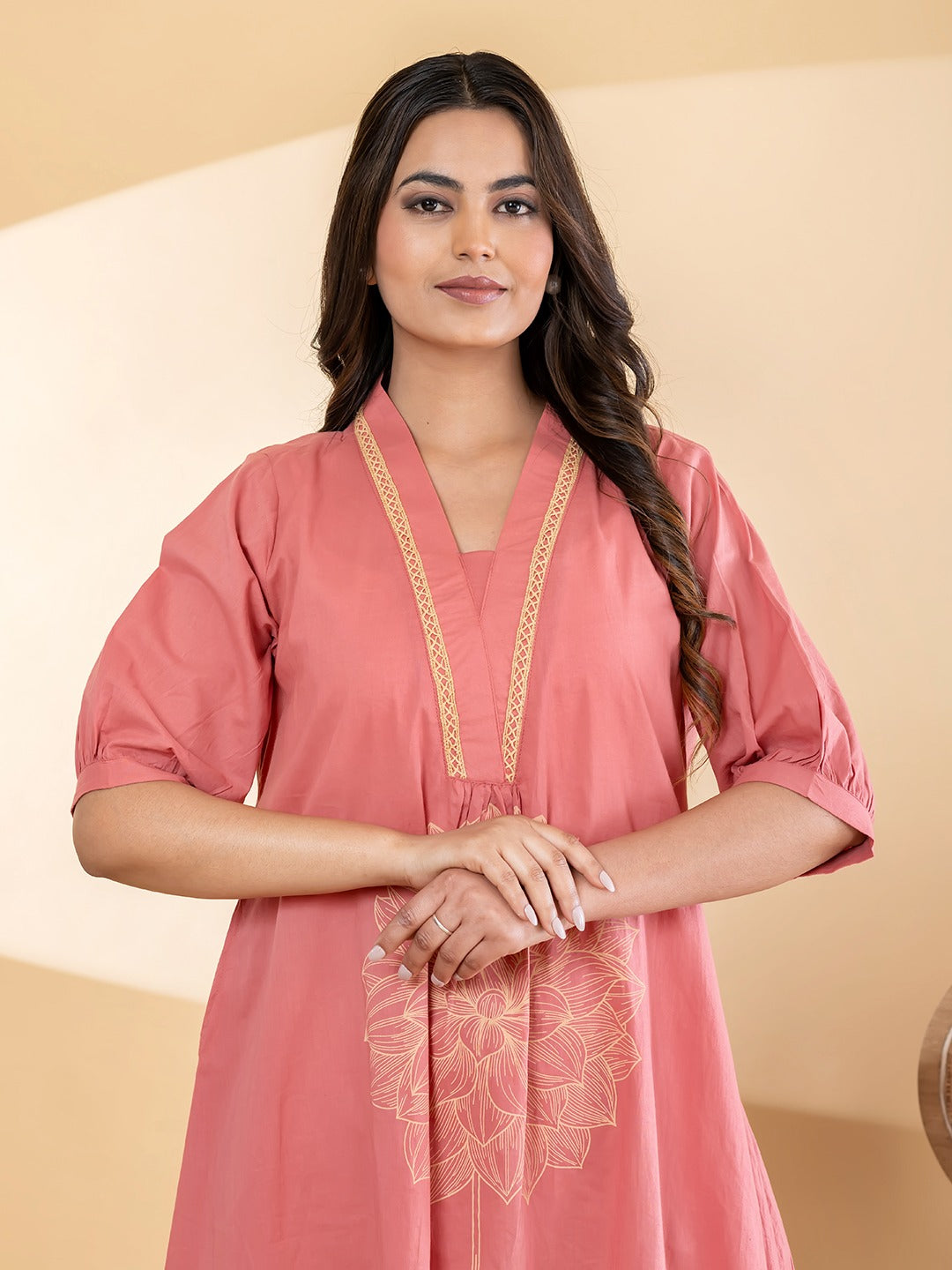 Women’s Peach Floral Printed A-Line Kurta Set with Pants