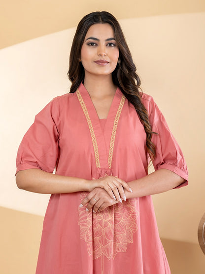 Women’s Peach Floral Printed A-Line Kurta Set with Pants