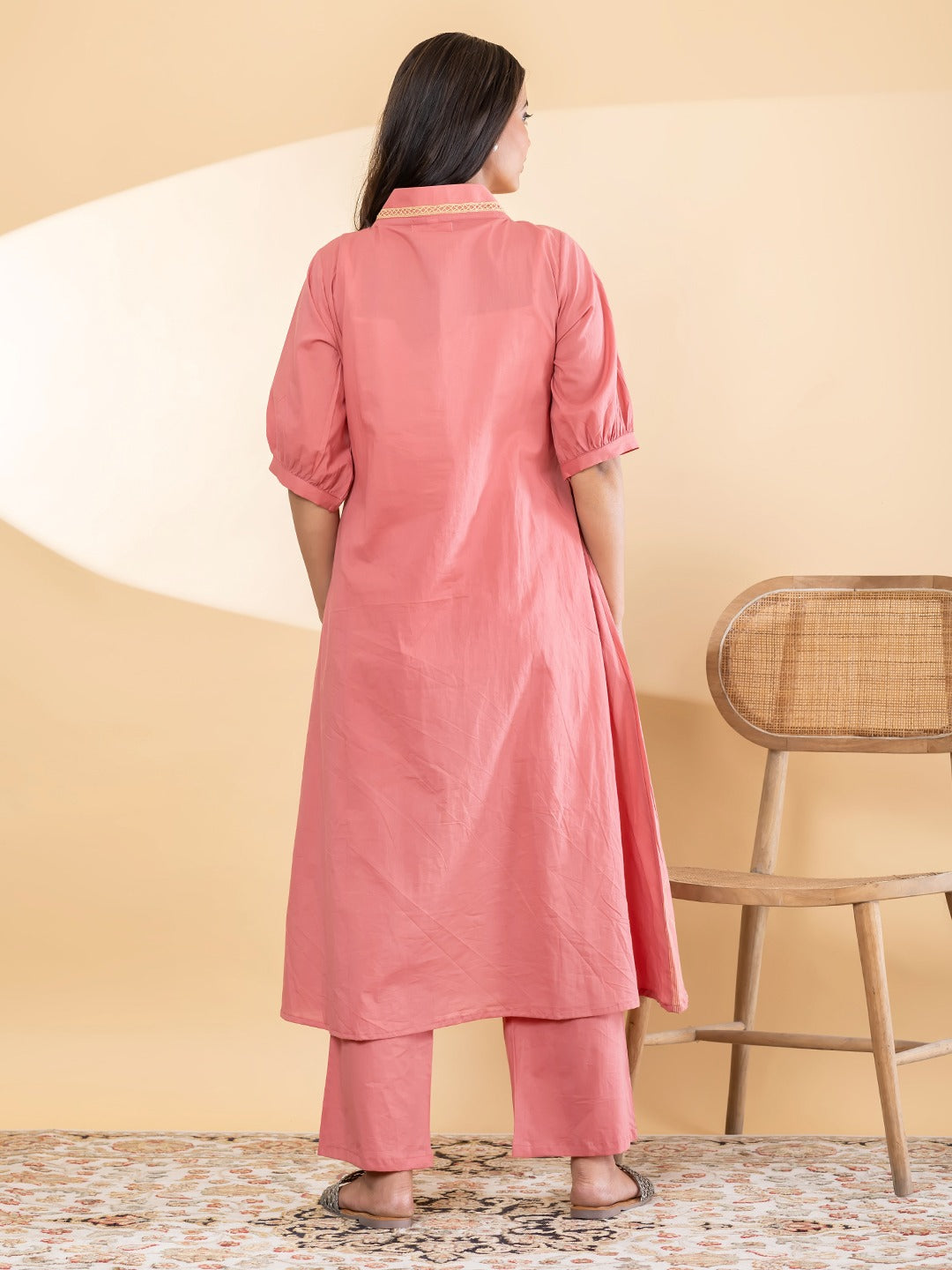 Women’s Peach Floral Printed A-Line Kurta Set with Pants