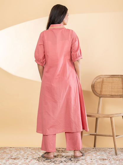 Women’s Peach Floral Printed A-Line Kurta Set with Pants