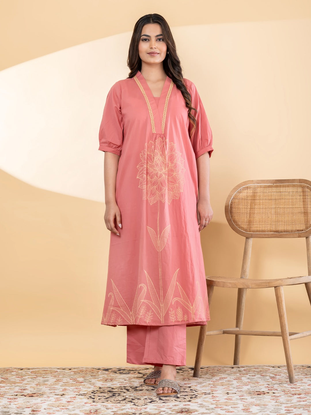 Women’s Peach Floral Printed A-Line Kurta Set with Pants