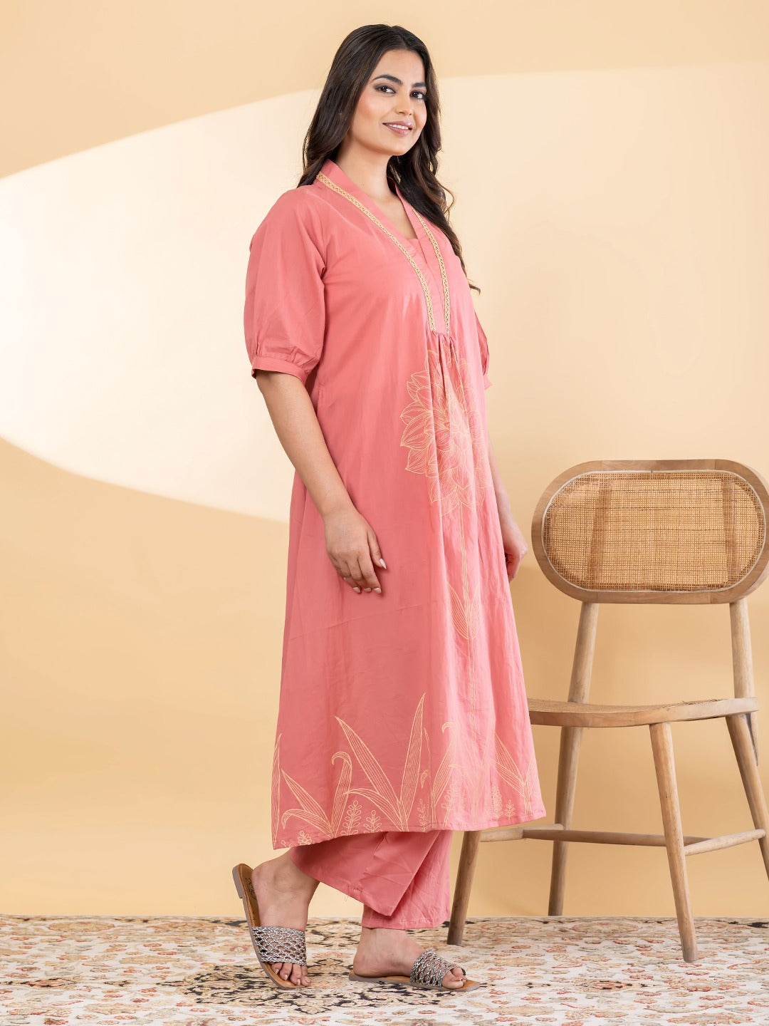 Women’s Peach Floral Printed A-Line Kurta Set with Pants