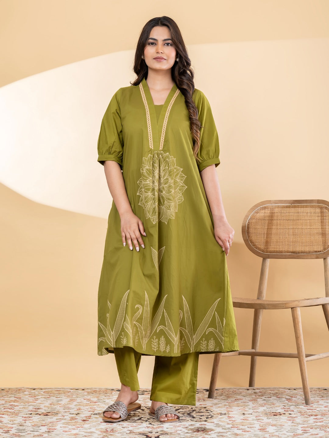 Women’s Olive Green Floral Printed A-Line Kurta Set with Pants