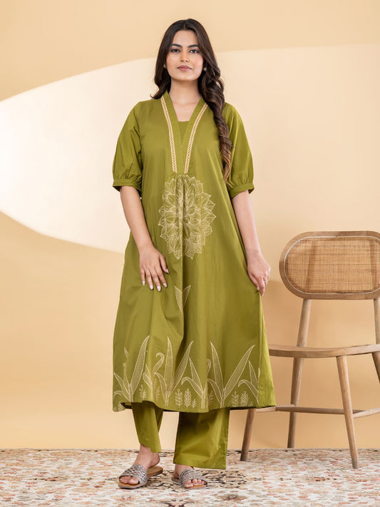 Women’s Olive Green Floral Printed A-Line Kurta Set with Pants