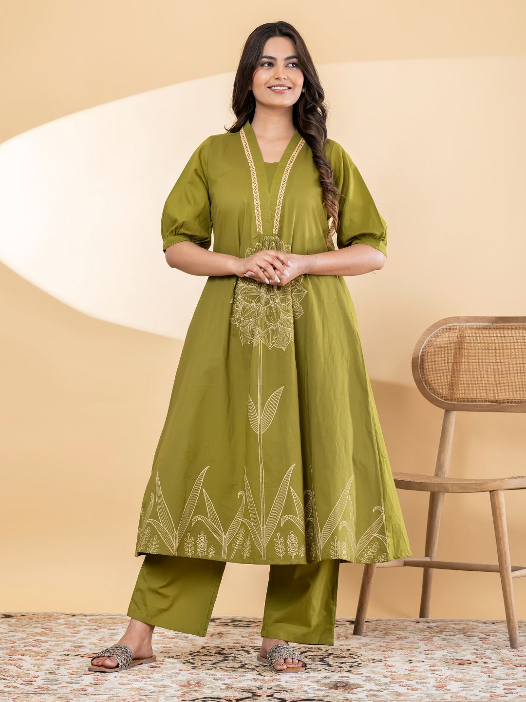 Women’s Olive Green Floral Printed A-Line Kurta Set with Pants