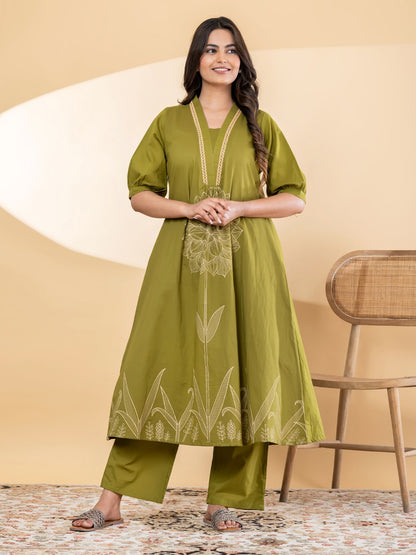 Women’s Olive Green Floral Printed A-Line Kurta Set with Pants