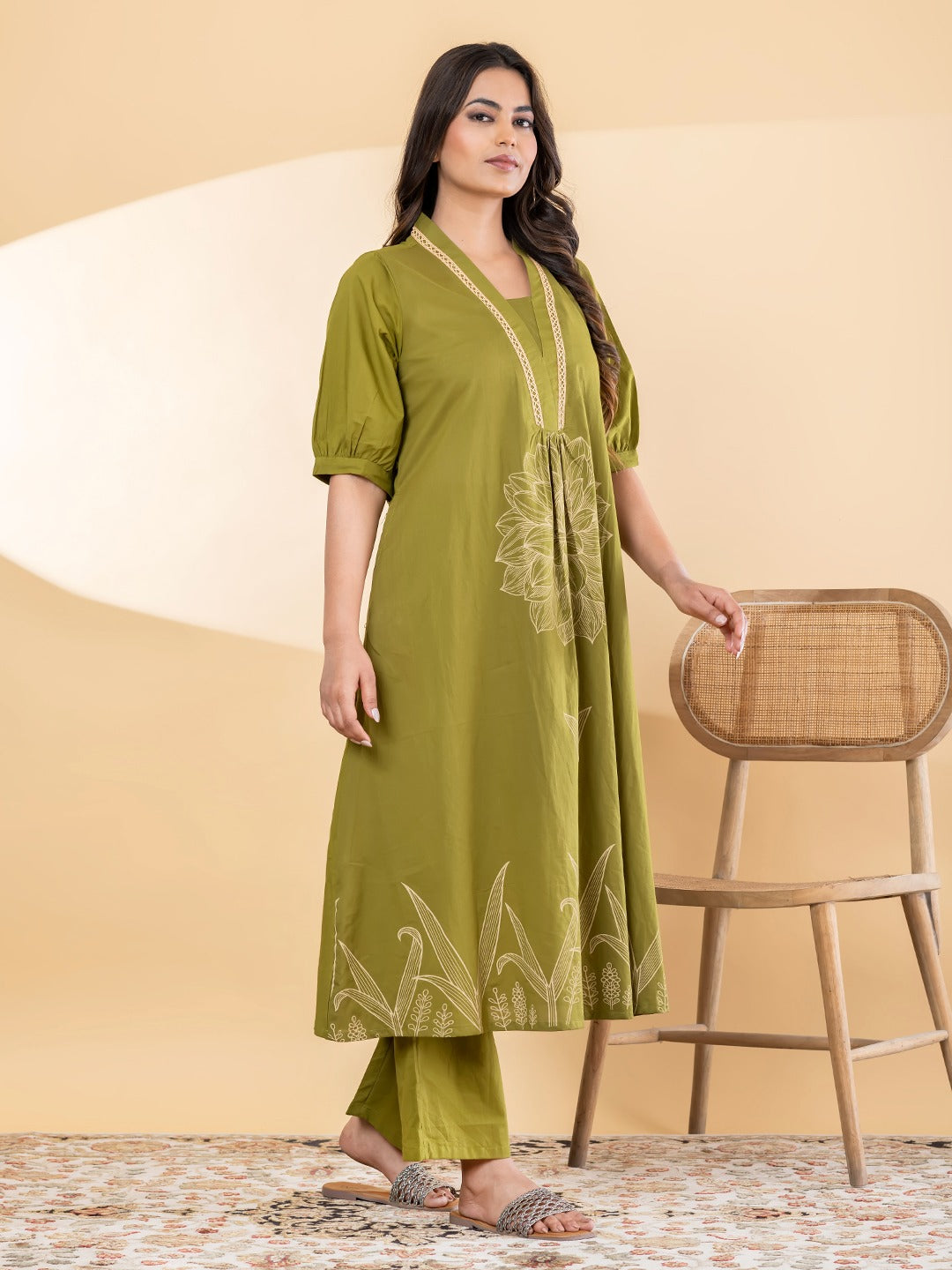 Women’s Olive Green Floral Printed A-Line Kurta Set with Pants