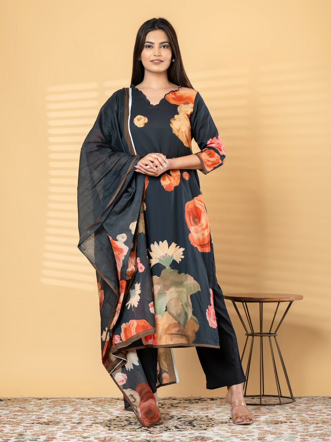 Elegant Black Floral Printed Kurta Set with Dupatta for Women