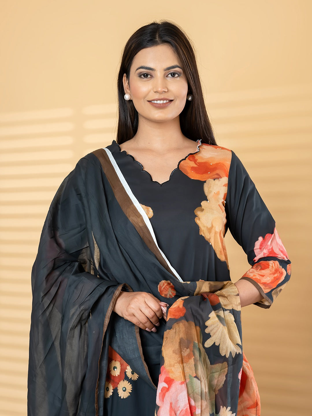 Elegant Black Floral Printed Kurta Set with Dupatta for Women