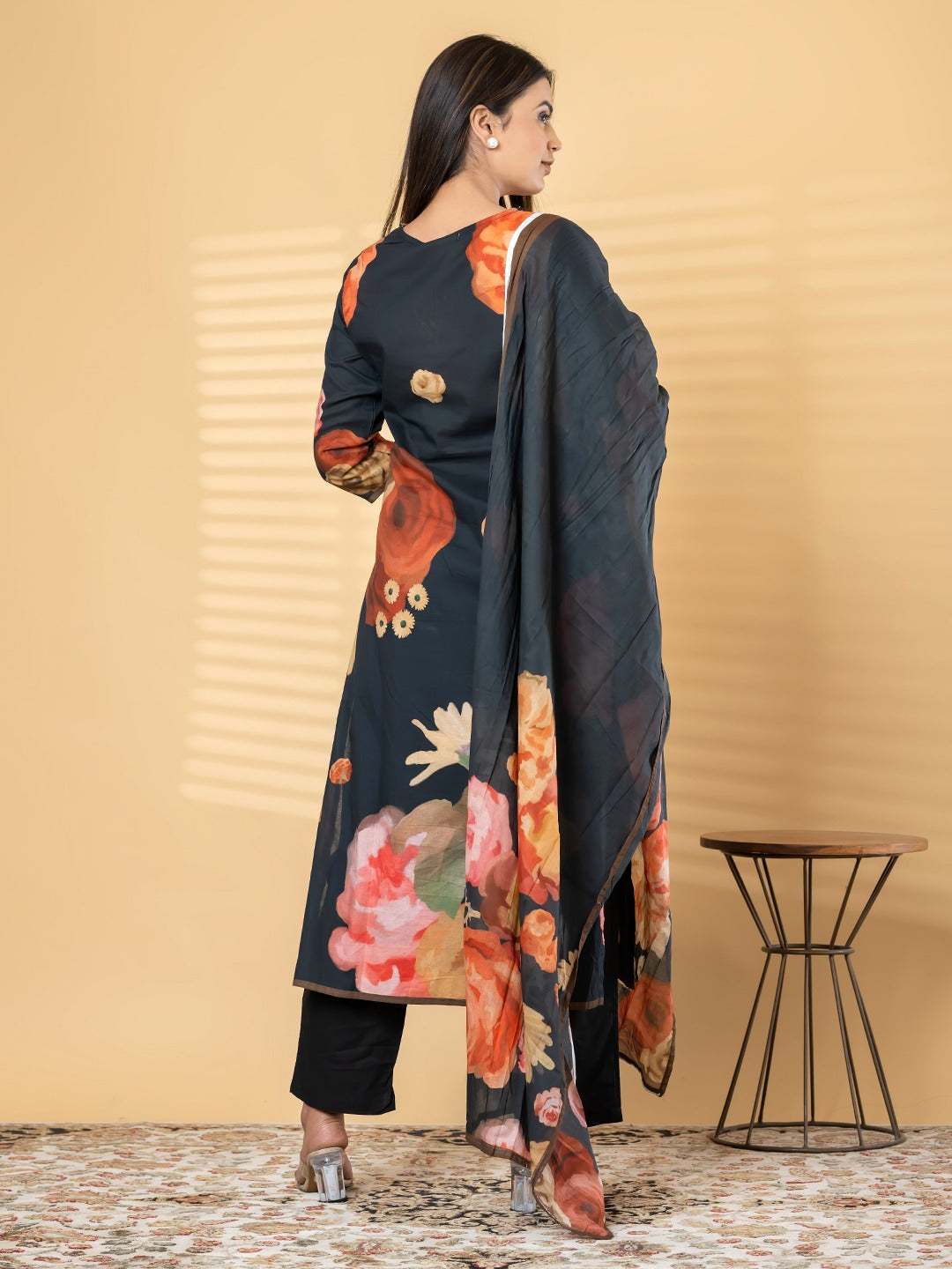 Elegant Black Floral Printed Kurta Set with Dupatta for Women
