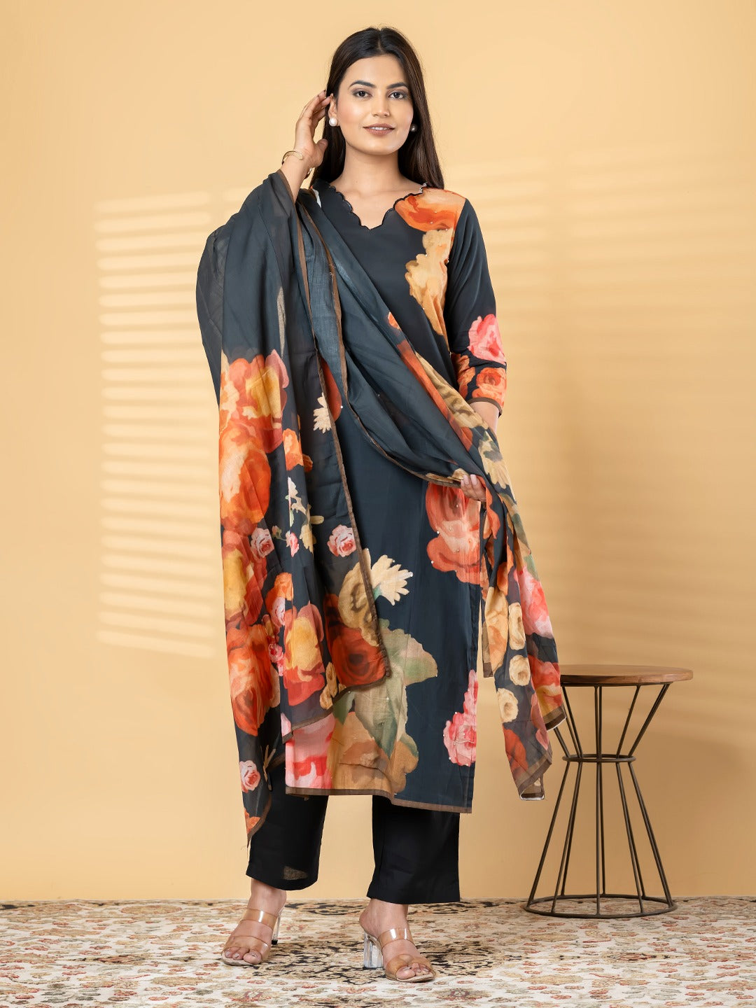 Elegant Black Floral Printed Kurta Set with Dupatta for Women