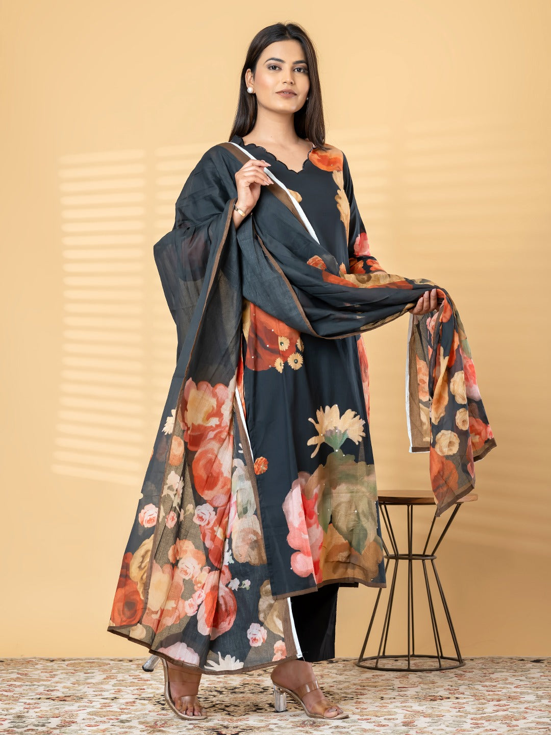 Elegant Black Floral Printed Kurta Set with Dupatta for Women