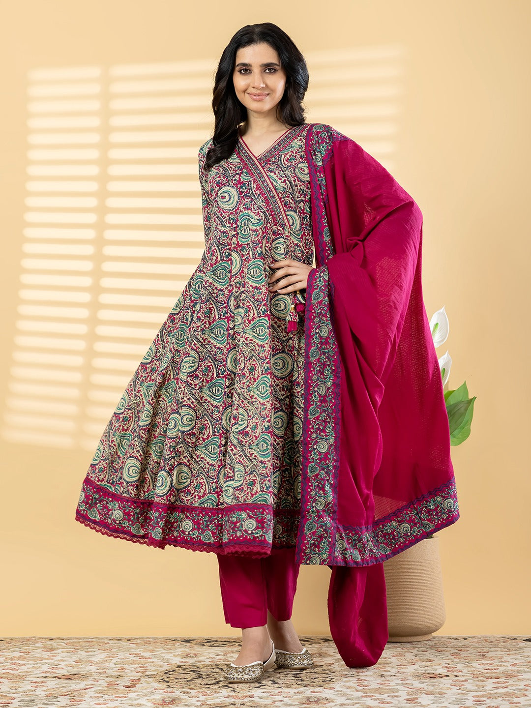 Women’s Paisley Print Kurta Set with Dupatta – Maroon & Teal Ethnic Suit