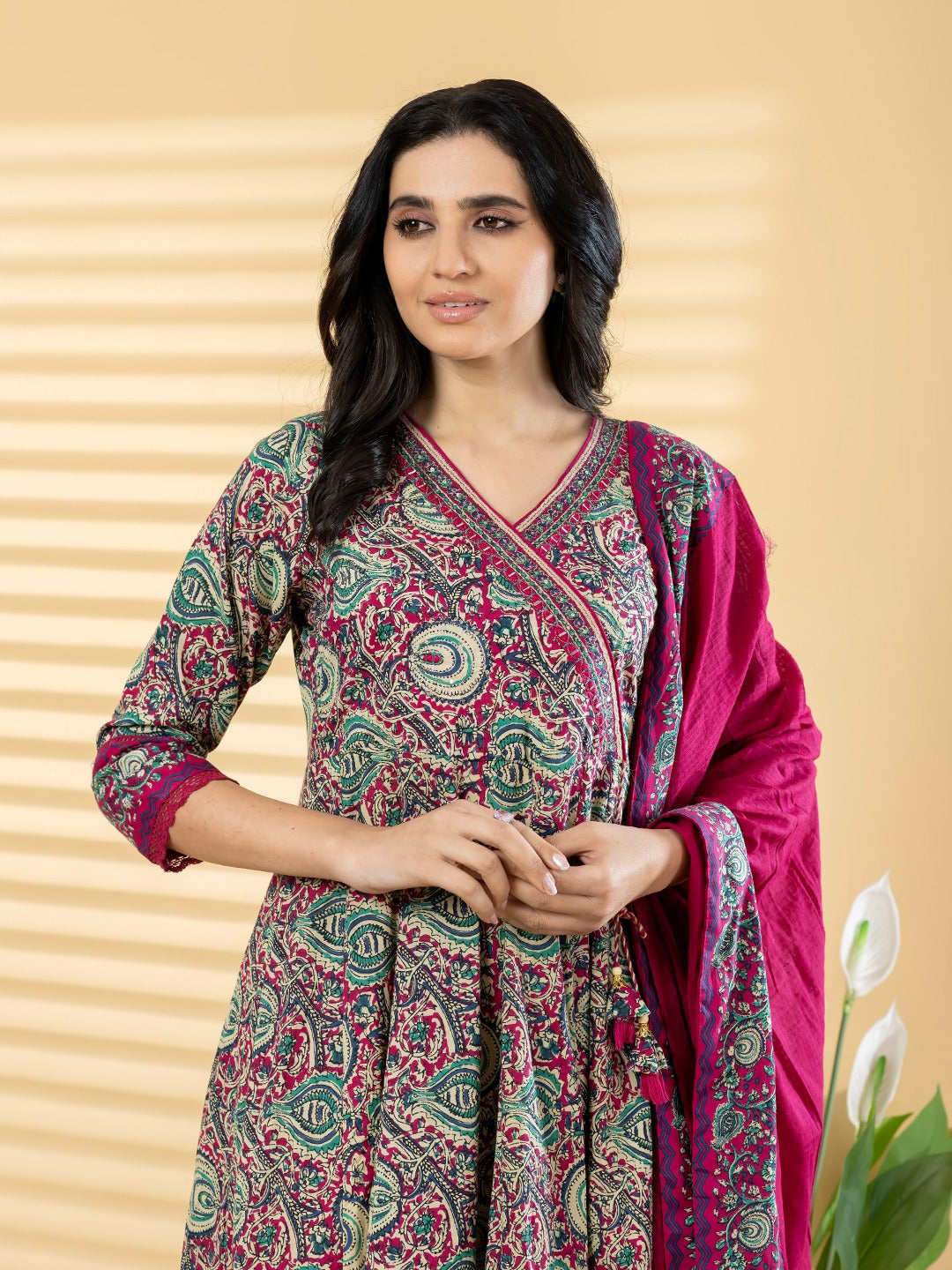 Women’s Paisley Print Kurta Set with Dupatta – Maroon & Teal Ethnic Suit