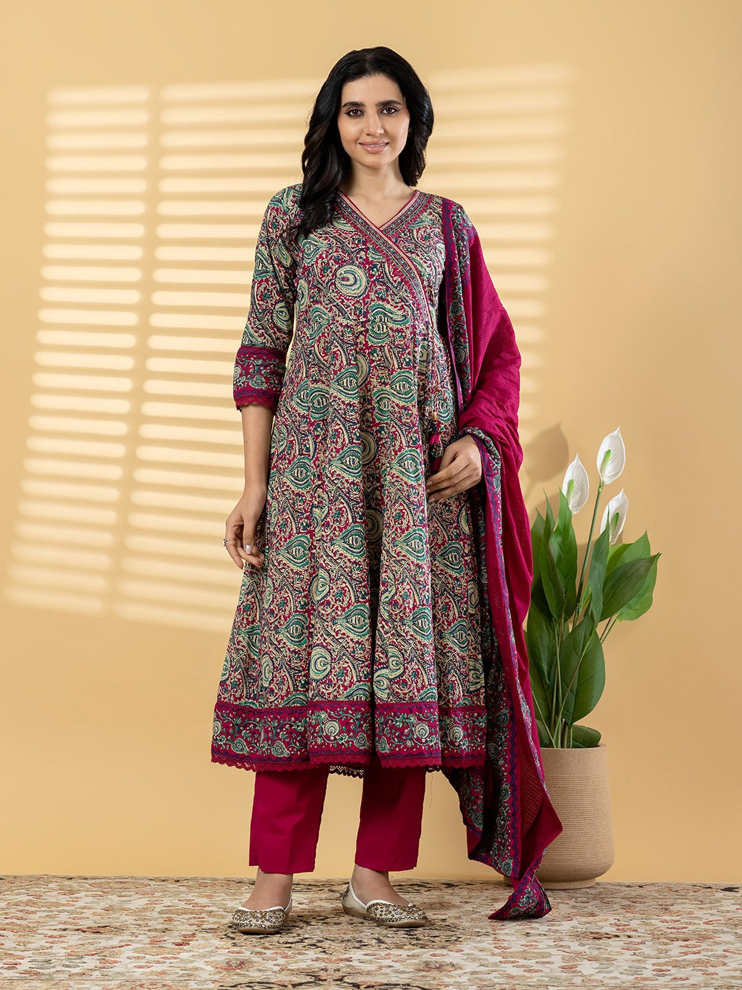Women’s Paisley Print Kurta Set with Dupatta – Maroon & Teal Ethnic Suit
