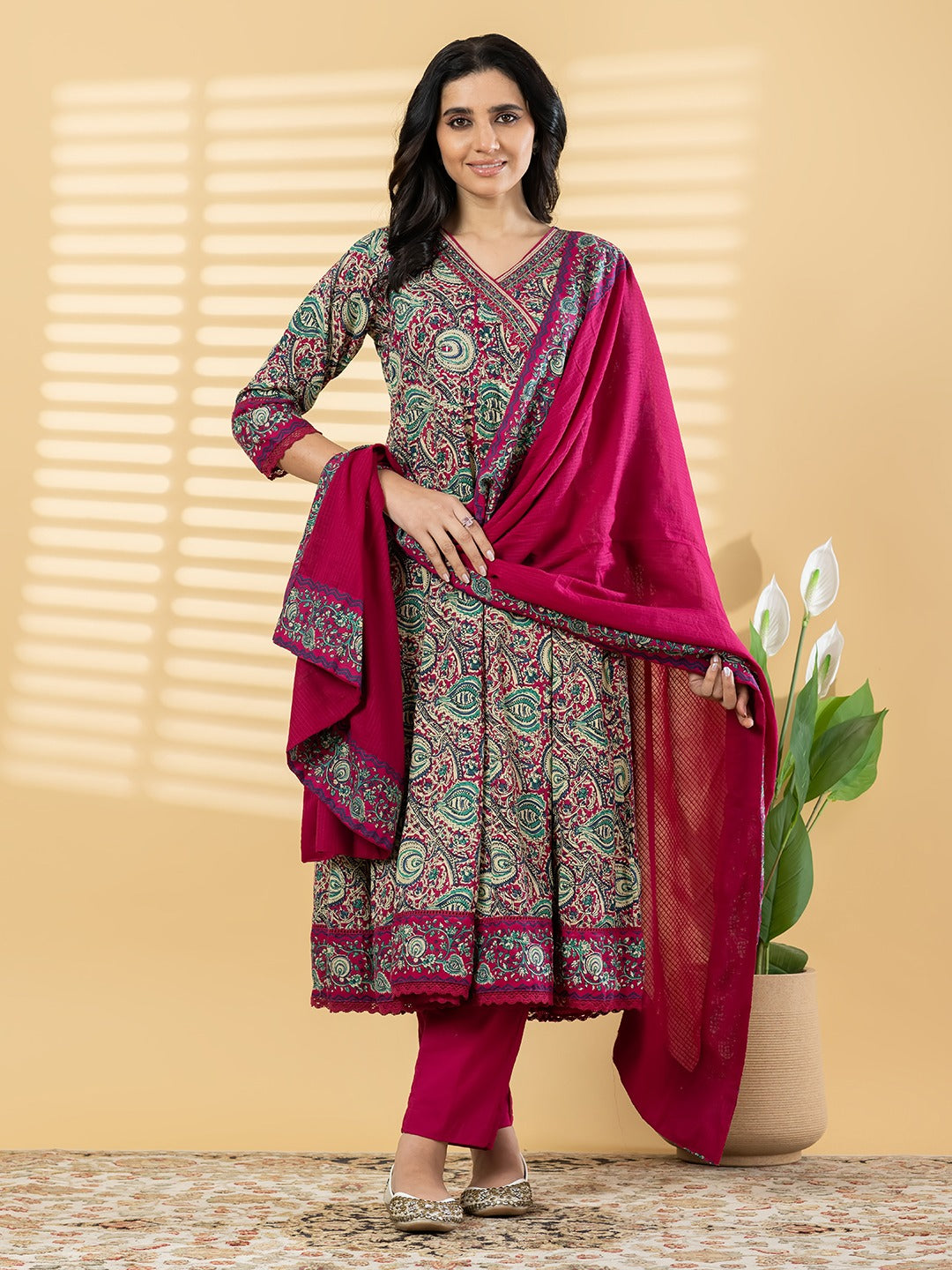 Women’s Paisley Print Kurta Set with Dupatta – Maroon & Teal Ethnic Suit