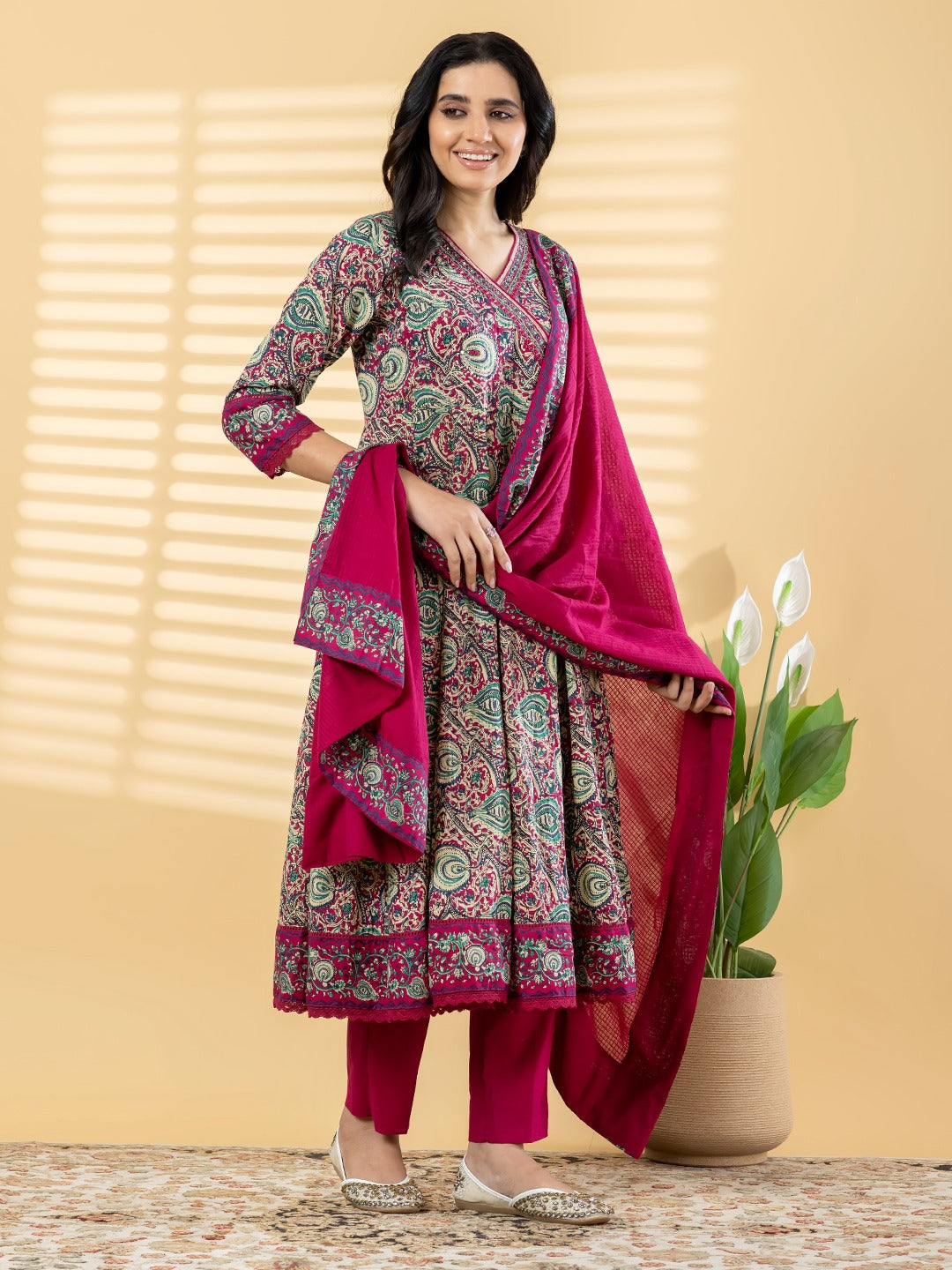 Women’s Paisley Print Kurta Set with Dupatta – Maroon & Teal Ethnic Suit