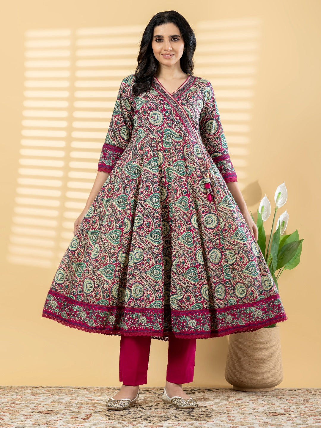 Women’s Paisley Print Kurta Set with Dupatta – Maroon & Teal Ethnic Suit