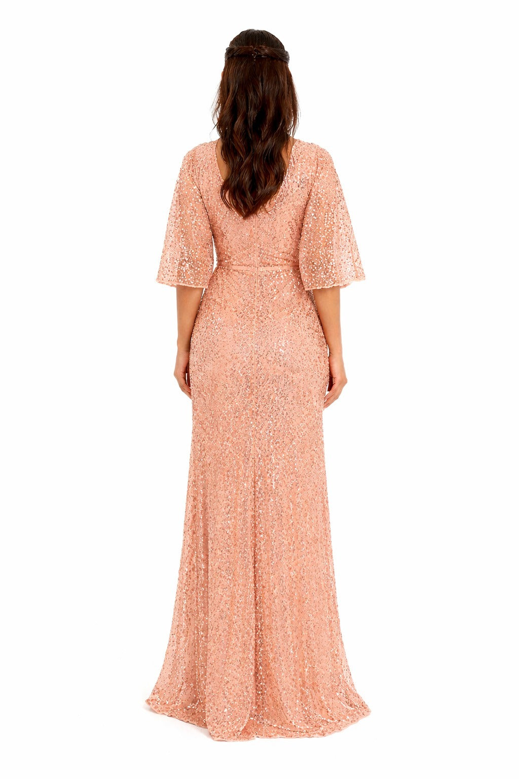 Elegant Peach Sequin Wrap Maxi Dress with Thigh Slit