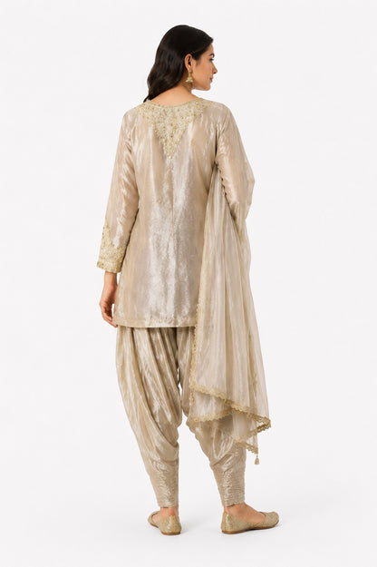 Women's Champagne Embroidered Kurta Dhoti Salwar Set with Dupatta