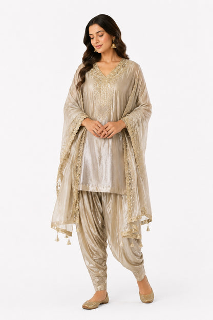 Women's Champagne Embroidered Kurta Dhoti Salwar Set with Dupatta