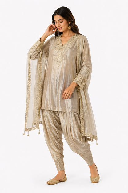 Women's Champagne Embroidered Kurta Dhoti Salwar Set with Dupatta