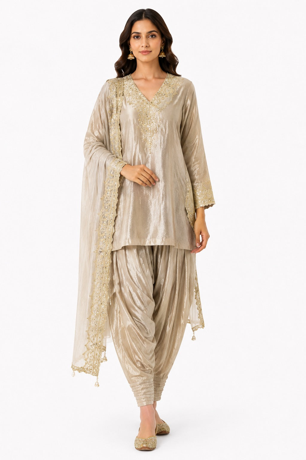 Women's Champagne Embroidered Kurta Dhoti Salwar Set with Dupatta