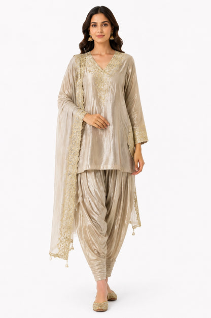 Women's Champagne Embroidered Kurta Dhoti Salwar Set with Dupatta