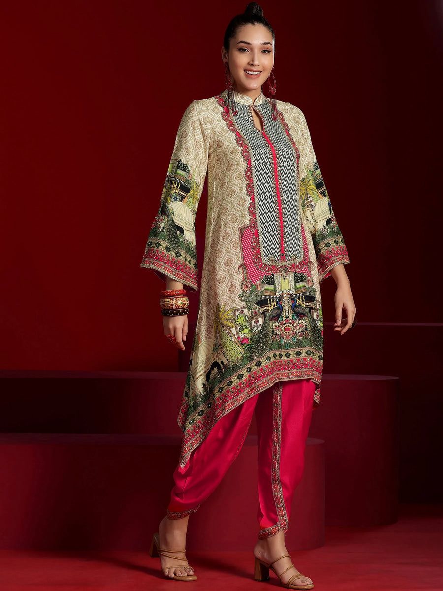 Women’s Digital Printed Asymmetrical Kurta with Pink Tulip Shalwar | Designer Ethnic 2-Piece Suit