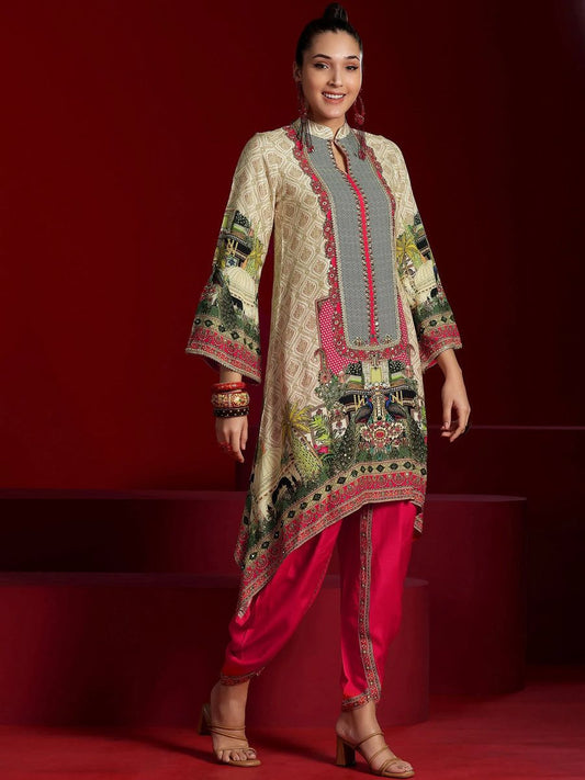 Women’s Digital Printed Asymmetrical Kurta with Pink Tulip Shalwar | Designer Ethnic 2-Piece Suit