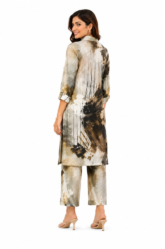 Laqayara Women Abstract Print Co-Ord Set with Long Shirt & Straight Pants