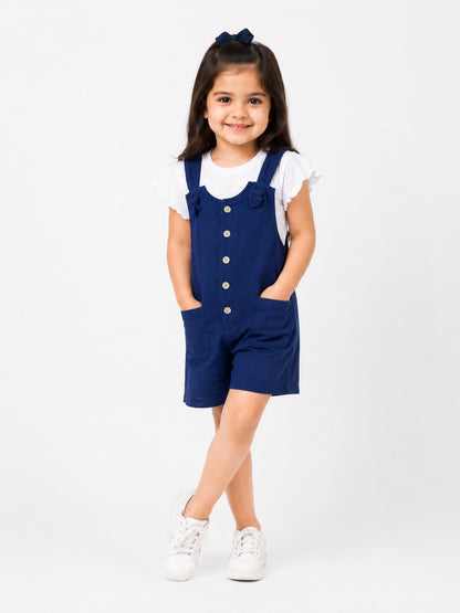 Girls Navy Blue Cotton Dungaree Romper with White Flutter Sleeve Top | Cute Casual Outfit | LA QAYARA