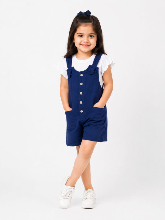 Girls Navy Blue Cotton Dungaree Romper with White Flutter Sleeve Top | Cute Casual Outfit | LA QAYARA