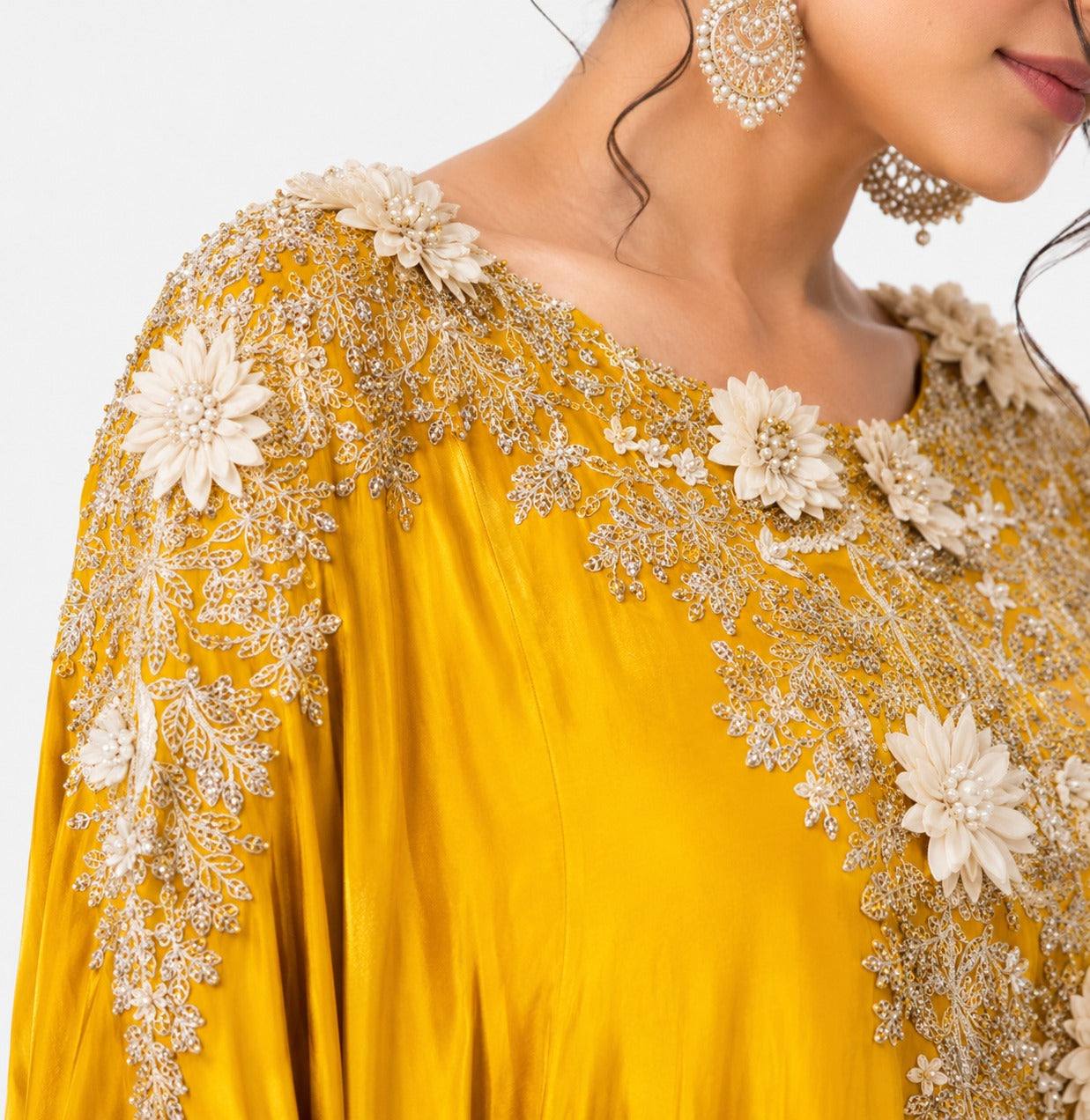 Luxury Mustard Yellow Kaftan Drape Set with Floral Embroidery for Women