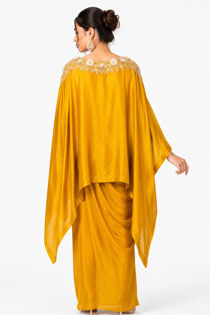 Luxury Mustard Yellow Kaftan Drape Set with Floral Embroidery for Women