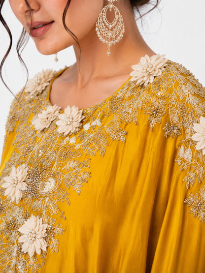 Luxury Mustard Yellow Kaftan Drape Set with Floral Embroidery for Women