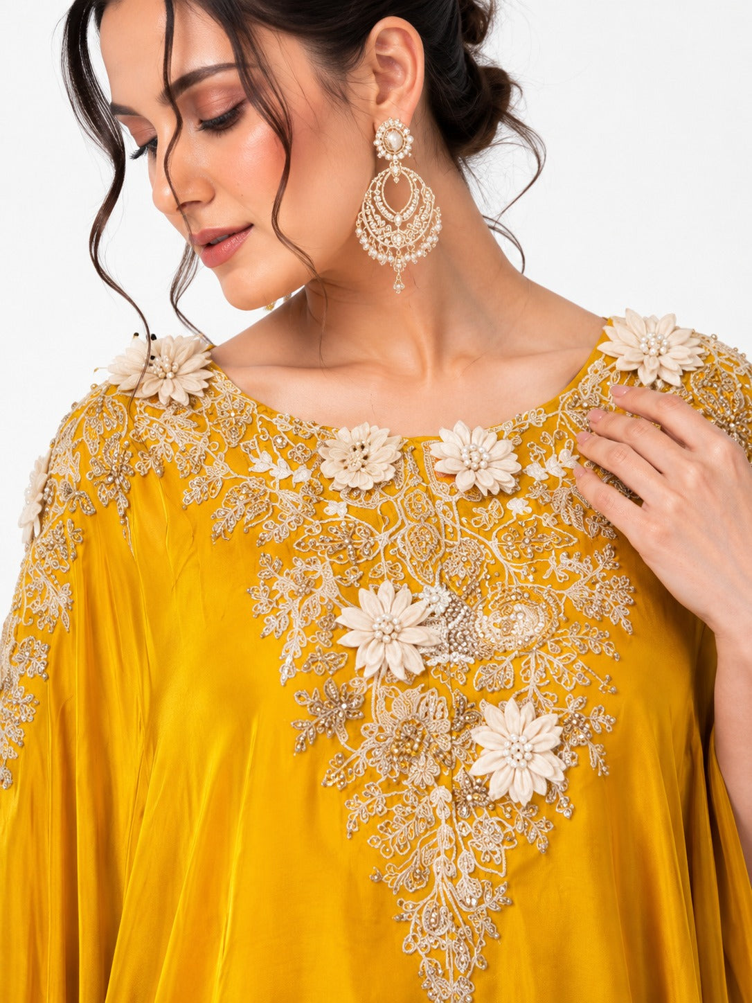 Luxury Mustard Yellow Kaftan Drape Set with Floral Embroidery for Women