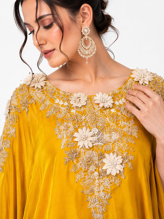 Luxury Mustard Yellow Kaftan Drape Set with Floral Embroidery for Women