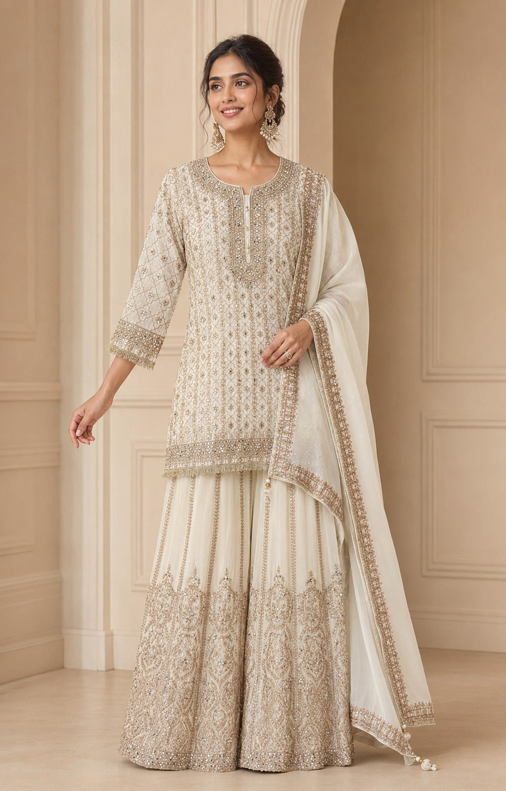 La Qayara Ivory Elegance Embroidered Kurta Set with Sharara & Dupatta | Premium Festive Wear for Women