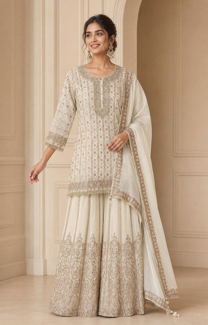 La Qayara Ivory Elegance Embroidered Kurta Set with Sharara & Dupatta | Premium Festive Wear for Women
