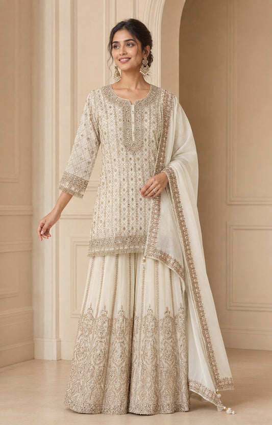 La Qayara Ivory Elegance Embroidered Kurta Set with Sharara & Dupatta | Premium Festive Wear for Women