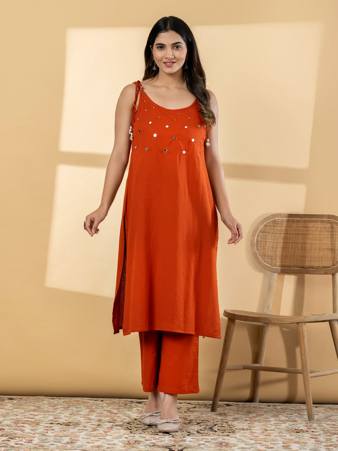 Women’s Rust Orange Embellished Sleeveless Kurta Set with Pants
