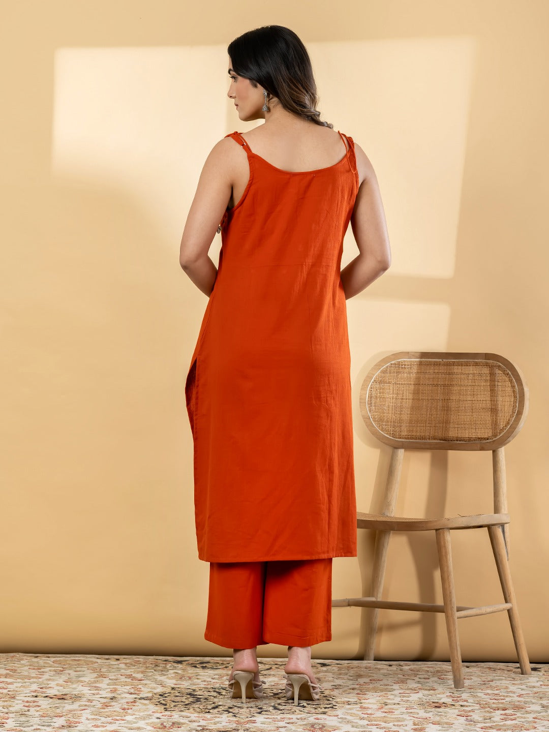 Women’s Rust Orange Embellished Sleeveless Kurta Set with Pants