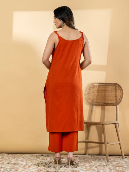 Women’s Rust Orange Embellished Sleeveless Kurta Set with Pants