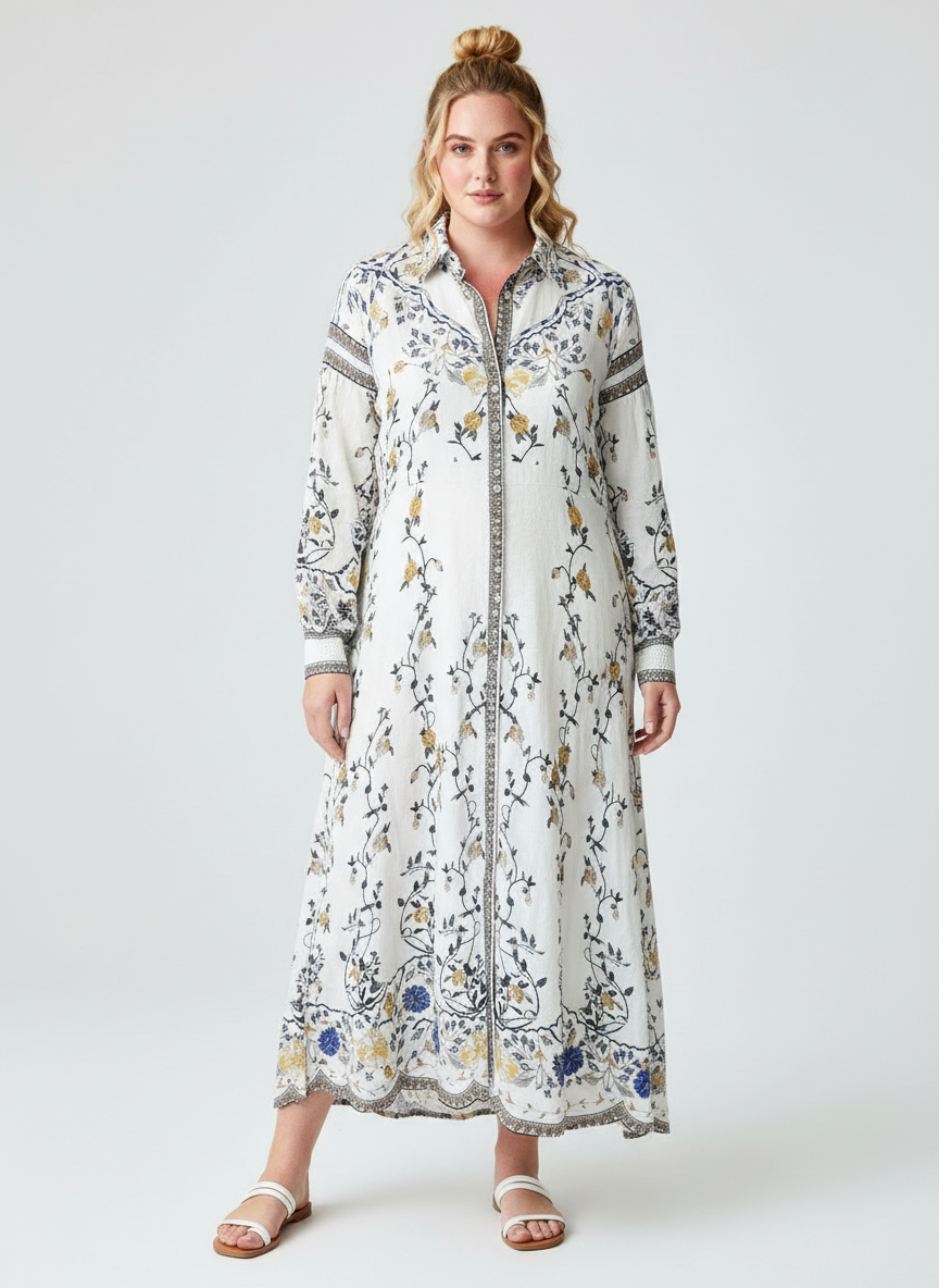Women’s White Floral Printed Long Kurta Dress – Elegant Ethnic Wear
