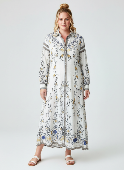 Women’s White Floral Printed Long Kurta Dress – Elegant Ethnic Wear