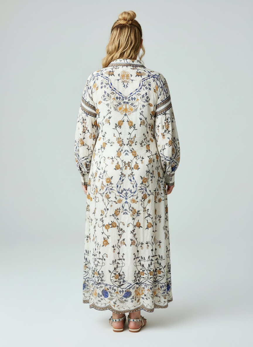 Women’s White Floral Printed Long Kurta Dress – Elegant Ethnic Wear