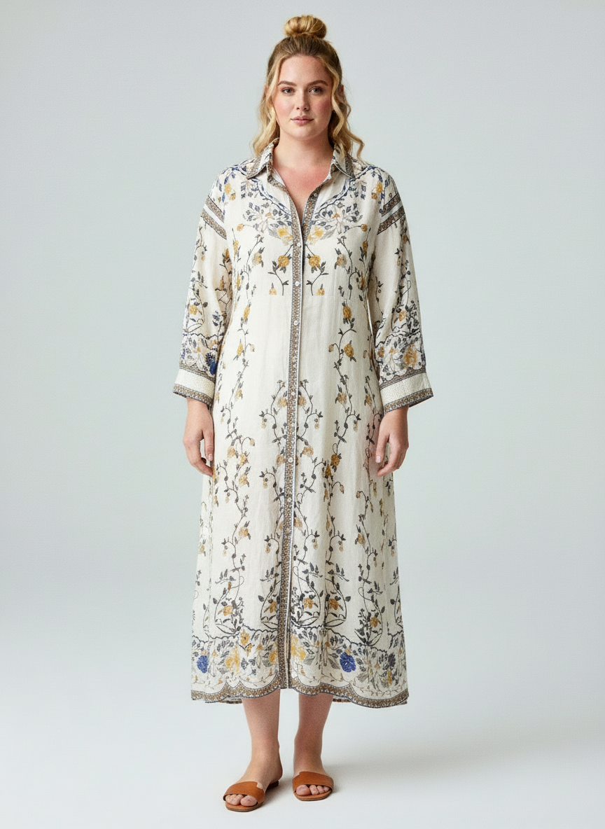 Women’s White Floral Printed Long Kurta Dress – Elegant Ethnic Wear