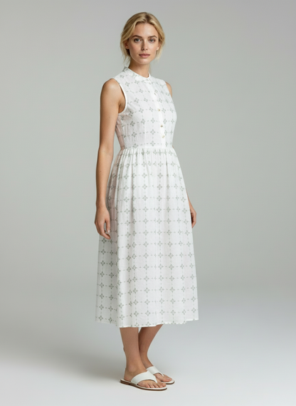 Elegant White Sleeveless Midi Dress for Women | Soft Cotton Summer Casual Dress